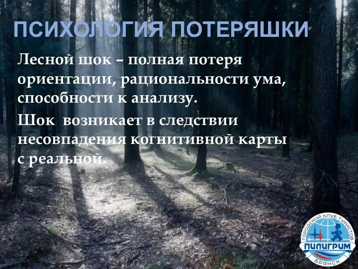 ПСИХОЛОГИЯ ПОТЕРЯШКИ Лесной шок – полная потеря ориентации, рациональности ума,