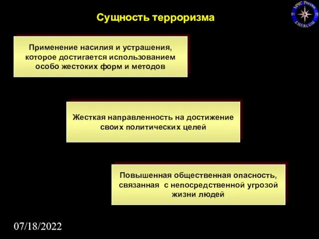 07/18/2022 Сущность терроризма Применение насилия и устрашения, которое достигается использованием особо жестоких форм