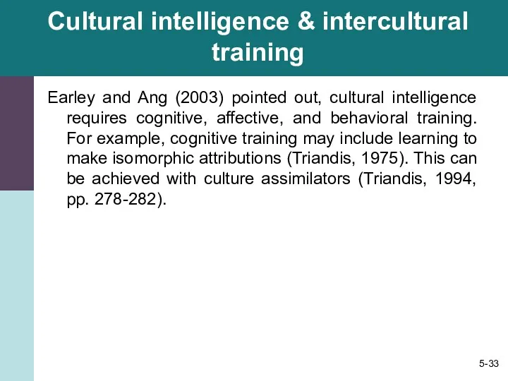 Cultural intelligence & intercultural training Earley and Ang (2003) pointed out, cultural intelligence