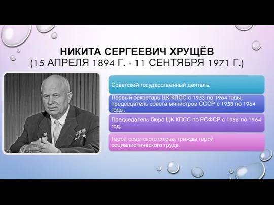 НИКИТА СЕРГЕЕВИЧ ХРУЩЁВ (15 АПРЕЛЯ 1894 Г. - 11 СЕНТЯБРЯ 1971 Г.)