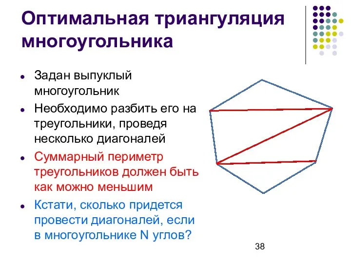 Оптимальная триангуляция многоугольника Задан выпуклый многоугольник Необходимо разбить его на