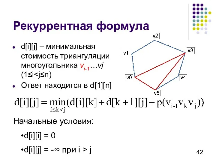 Рекуррентная формула d[i][j] – минимальная стоимость триангуляции многоугольника vi-1…vj (1≤i