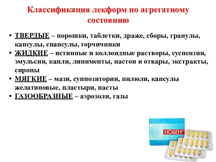 Классификация лекформ по агрегатному состоянию ТВЕРДЫЕ – порошки, таблетки, драже, сборы, гранулы, капсулы,