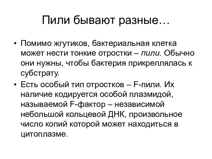 Пили бывают разные… Помимо жгутиков, бактериальная клетка может нести тонкие