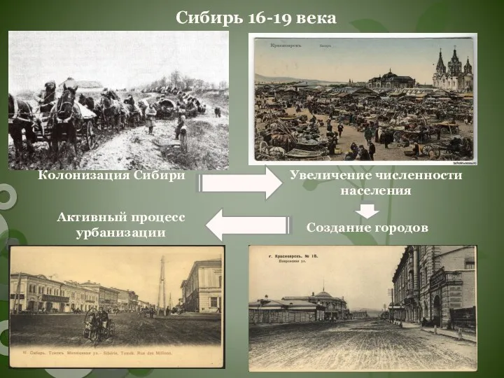 Колонизация Сибири Увеличение численности населения Сибирь 16-19 века Создание городов Активный процесс урбанизации