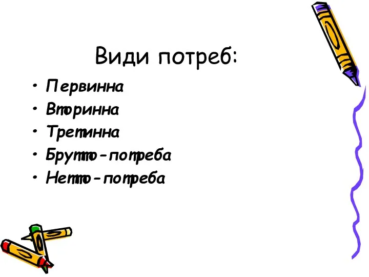 Види потреб: Первинна Вторинна Третинна Брутто-потреба Нетто-потреба