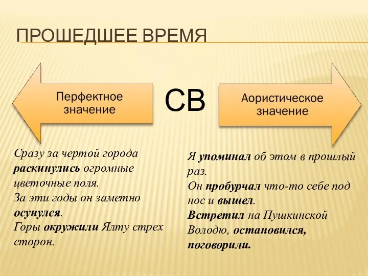 ПРОШЕДШЕЕ ВРЕМЯ СВ Сразу за чертой города раскинулись огромные цветочные