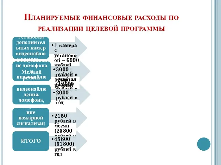 Планируемые финансовые расходы по реализации целевой программы Установка дополнительных камер