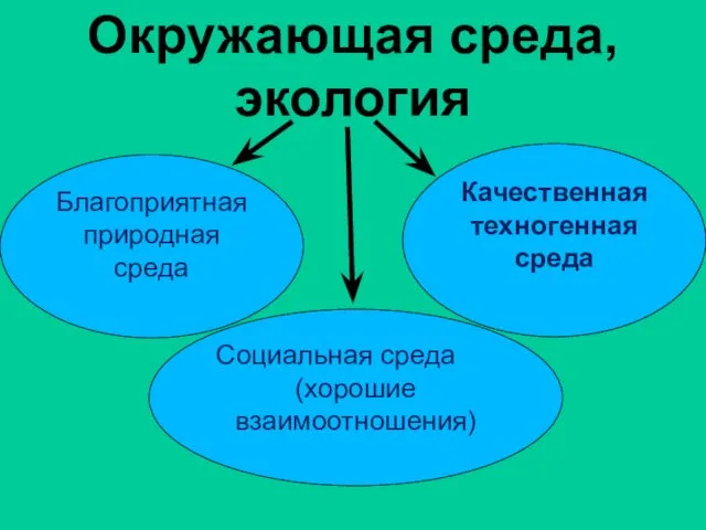 Окружающая среда, экология Благоприятная природная среда Качественная техногенная среда Социальная среда (хорошие взаимоотношения)