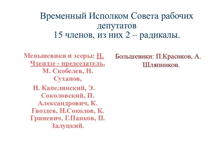 Временный Исполком Совета рабочих депутатов 15 членов, из них 2