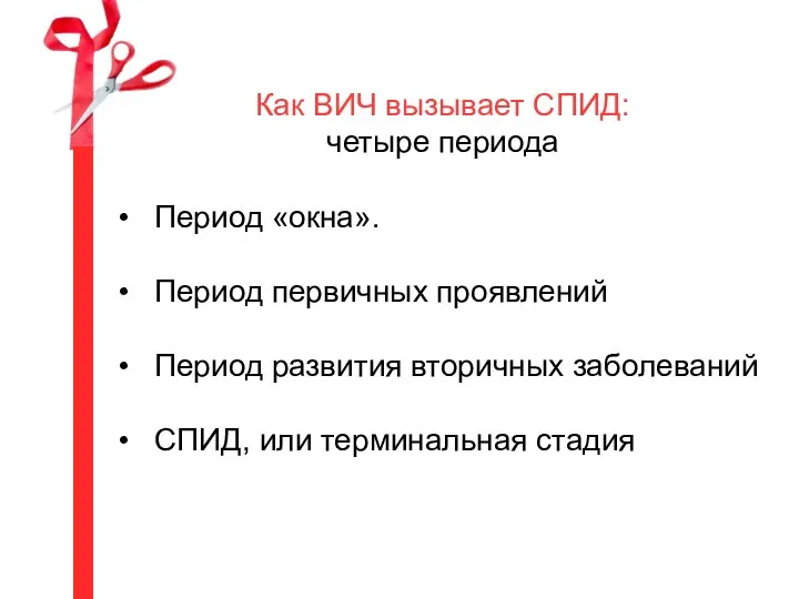 Как ВИЧ вызывает СПИД: четыре периода Период «окна». Период первичных