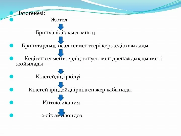 Патогенезі: Жөтел Бронхішілік қысымның Бронхтардың осал сегменттері керіледі,созылады Кеңіген сегменттердің