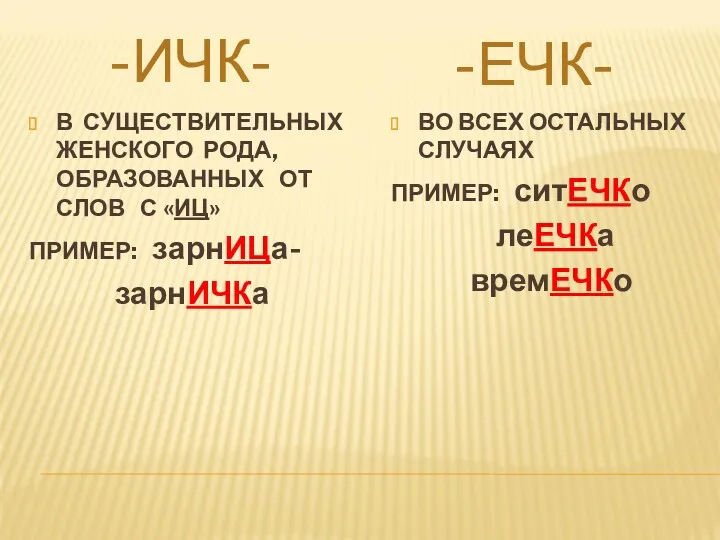 -ИЧК- -ЕЧК- В СУЩЕСТВИТЕЛЬНЫХ ЖЕНСКОГО РОДА, ОБРАЗОВАННЫХ ОТ СЛОВ С «ИЦ» ПРИМЕР: зарнИЦа-