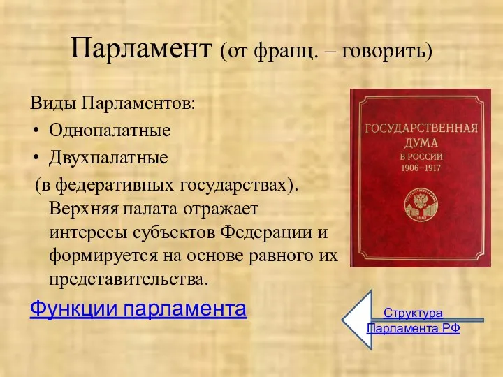 Парламент (от франц. – говорить) Виды Парламентов: Однопалатные Двухпалатные (в