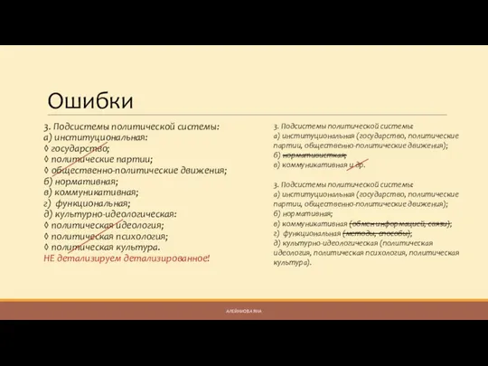 Ошибки 3. Подсистемы политической системы: а) институциональная: ◊ государство; ◊