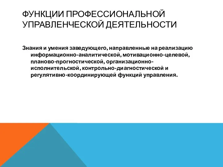 ФУНКЦИИ ПРОФЕССИОНАЛЬНОЙ УПРАВЛЕНЧЕСКОЙ ДЕЯТЕЛЬНОСТИ Знания и умения заведующего, направленные на