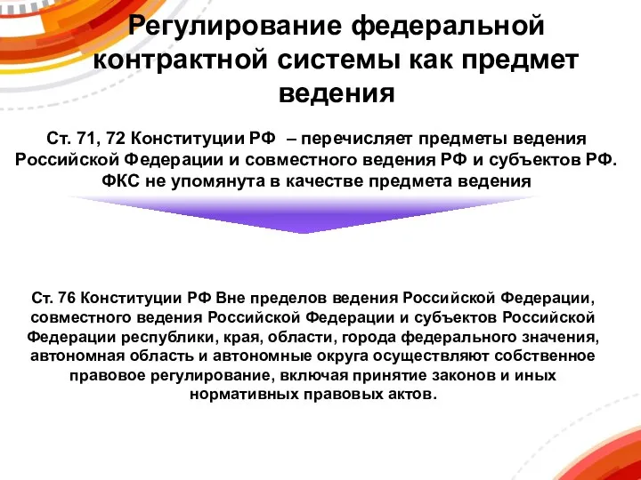 Регулирование федеральной контрактной системы как предмет ведения Ст. 76 Конституции РФ Вне пределов