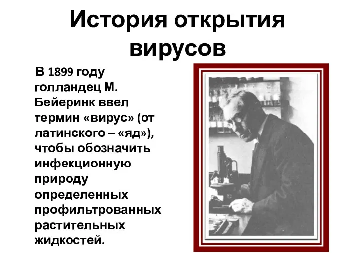 История открытия вирусов В 1899 году голландец М. Бейеринк ввел