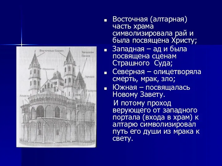 Восточная (алтарная) часть храма символизировала рай и была посвящена Христу;