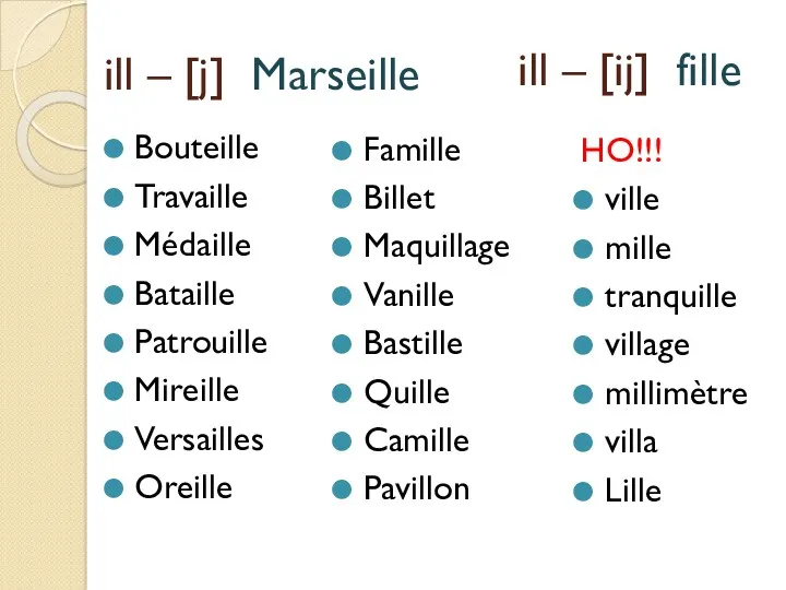 ill – [j] Marseille Bouteille Travaille Médaille Bataille Patrouille Mireille