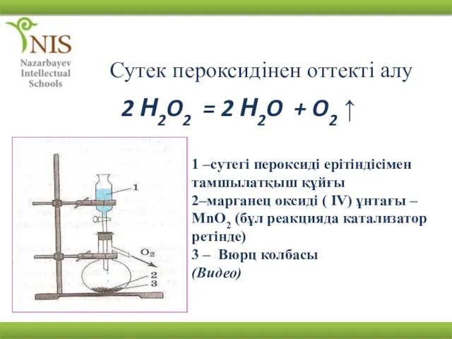 Сутек пероксидінен оттекті алу 2 Н2O2 = 2 Н2O +