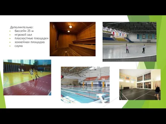 Дополнительно: бассейн 25 м игровой зал плоскостные площадки хоккейная площадка сауна