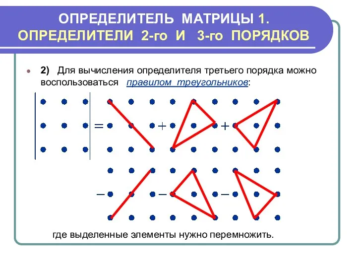 ОПРЕДЕЛИТЕЛЬ МАТРИЦЫ 1.ОПРЕДЕЛИТЕЛИ 2-го И 3-го ПОРЯДКОВ 2) Для вычисления