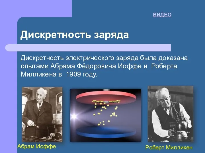 Дискретность заряда Дискретность электрического заряда была доказана опытами Абрама Фёдоровича