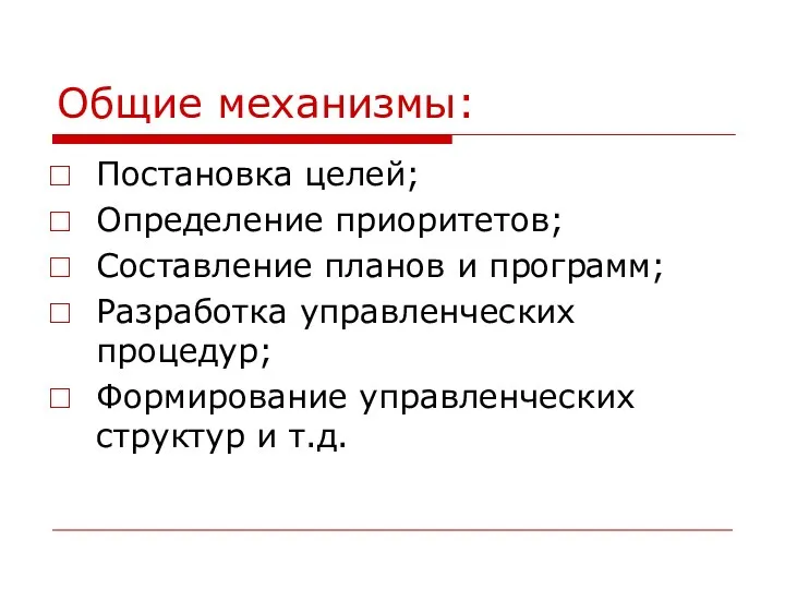 Общие механизмы: Постановка целей; Определение приоритетов; Составление планов и программ;