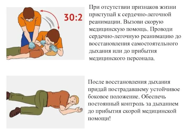 При отсутствии признаков жизни приступай к сердечно-легочной реанимации. Вызови скорую