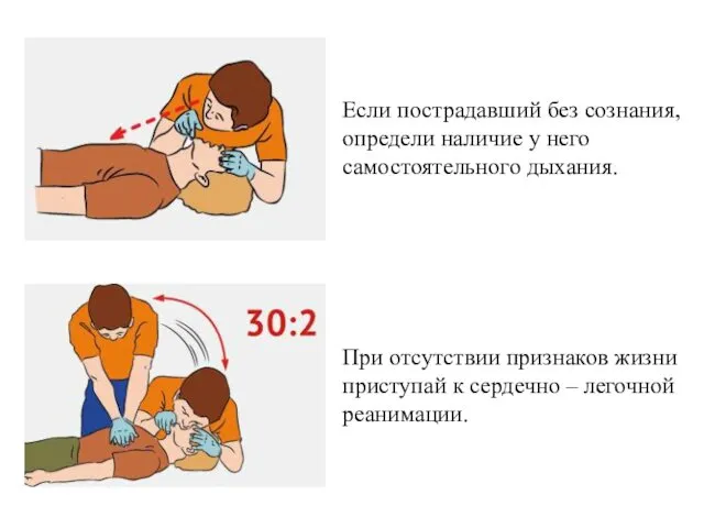 Если пострадавший без сознания, определи наличие у него самостоятельного дыхания.