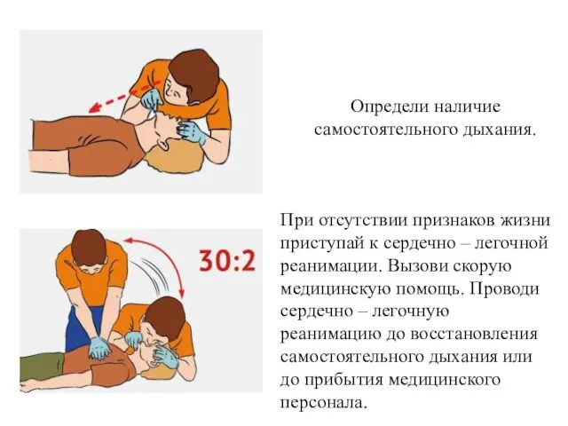 Определи наличие самостоятельного дыхания. При отсутствии признаков жизни приступай к