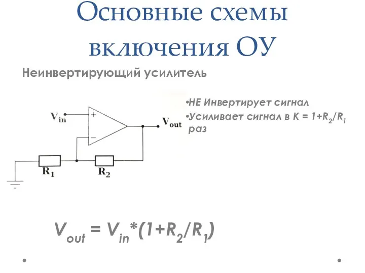 Основные схемы включения ОУ Неинвертирующий усилитель Vout = Vin*(1+R2/R1) НЕ