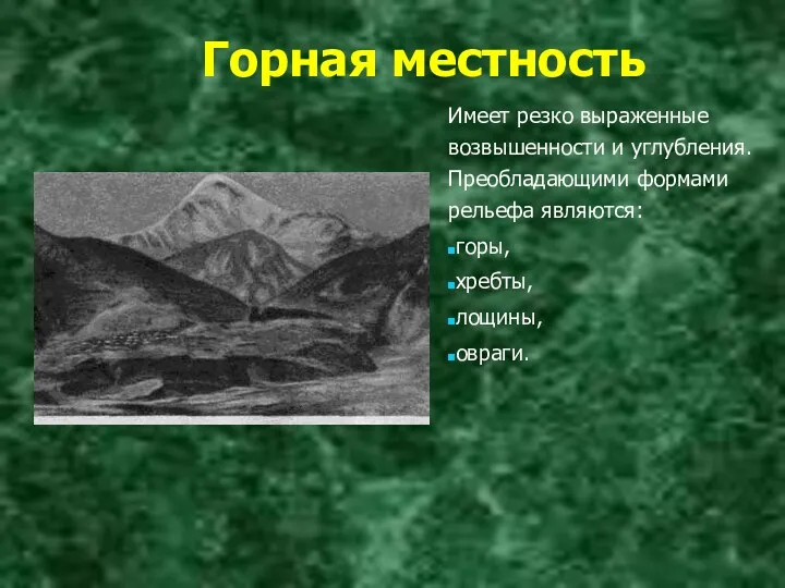 Горная местность Имеет резко выраженные возвышенности и углубления. Преобладающими формами рельефа являются: горы, хребты, лощины, овраги.