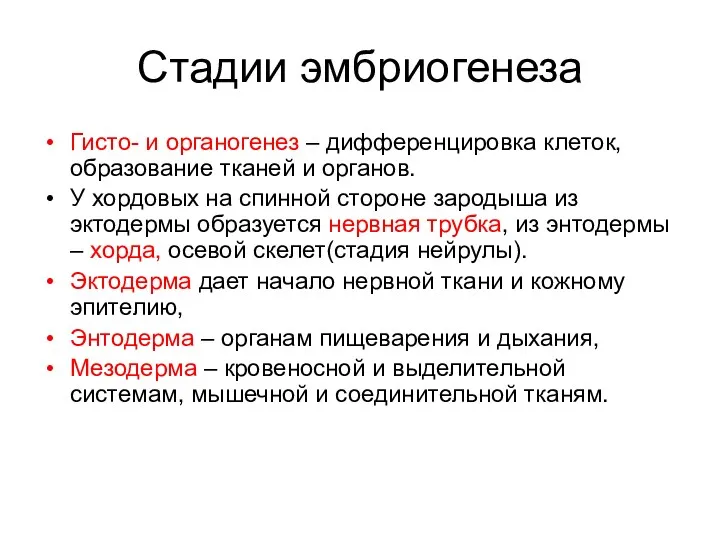 Стадии эмбриогенеза Гисто- и органогенез – дифференцировка клеток, образование тканей