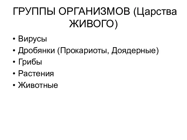 ГРУППЫ ОРГАНИЗМОВ (Царства ЖИВОГО) Вирусы Дробянки (Прокариоты, Доядерные) Грибы Растения Животные