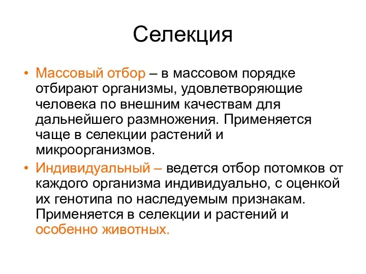 Селекция Массовый отбор – в массовом порядке отбирают организмы, удовлетворяющие