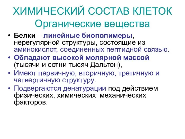 ХИМИЧЕСКИЙ СОСТАВ КЛЕТОК Органические вещества Белки – линейные биополимеры, нерегулярной структуры, состоящие из