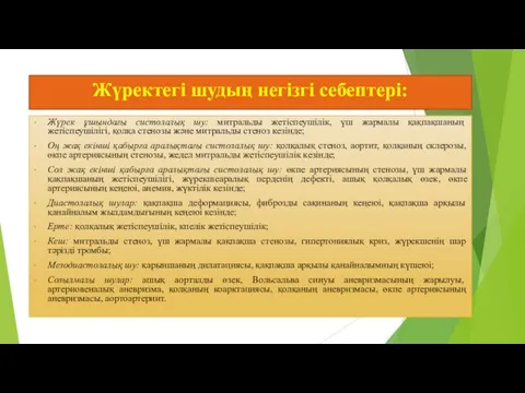 Жүректегі шудың негізгі себептері: Жүрек ұшындағы систолалық шу: митральды жетіспеушілік,