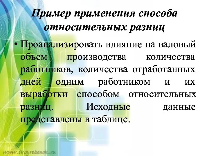 Пример применения способа относительных разниц Проанализировать влияние на валовый объем