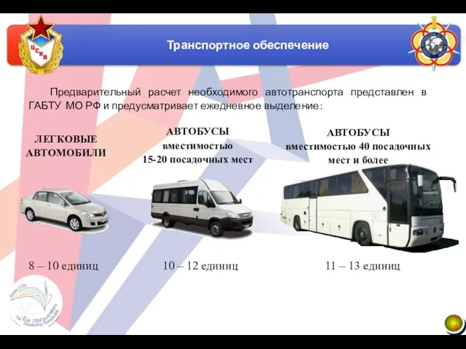 Предварительный расчет необходимого автотранспорта представлен в ГАБТУ МО РФ и