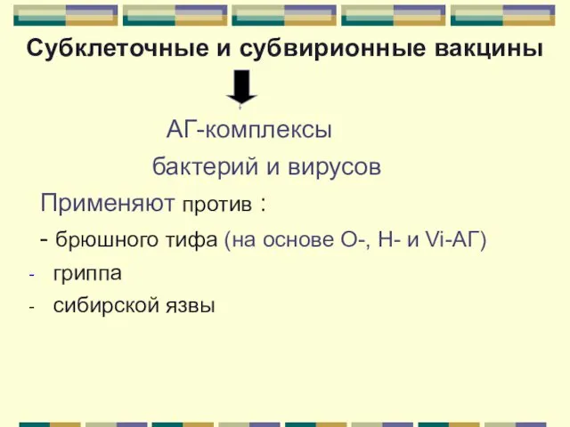 Субклеточные и субвирионные вакцины АГ-комплексы бактерий и вирусов Применяют против