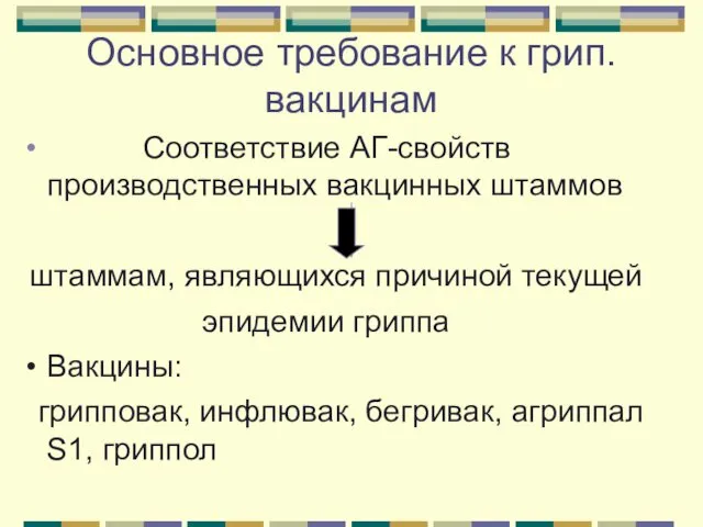 Основное требование к грип.вакцинам Соответствие АГ-свойств производственных вакцинных штаммов штаммам,