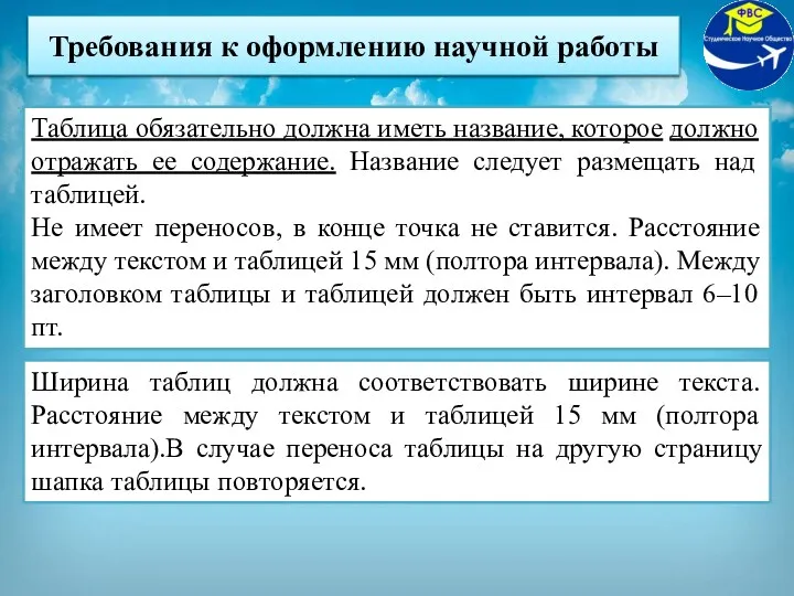 Требования к оформлению научной работы Таблица обязательно должна иметь название,