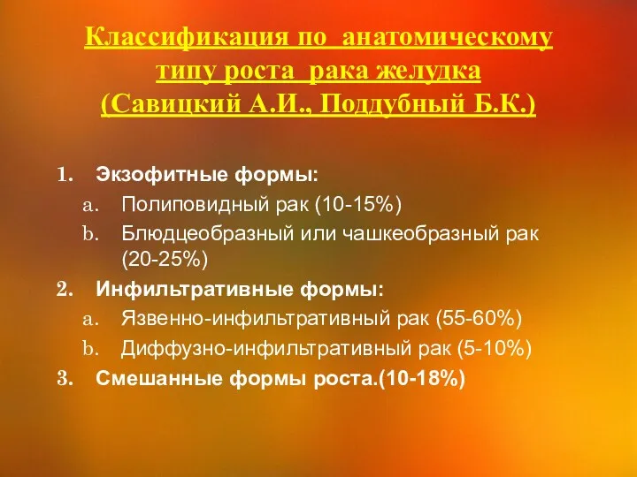 Классификация по анатомическому типу роста рака желудка (Савицкий А.И., Поддубный