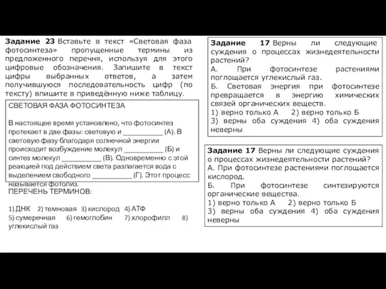 Задание 23 Вставьте в текст «Световая фаза фотосинтеза» пропущенные термины