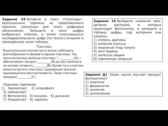 Задание 23 Вставьте в текст «Пластиды» пропущенные термины из предложенного перечня, используя для