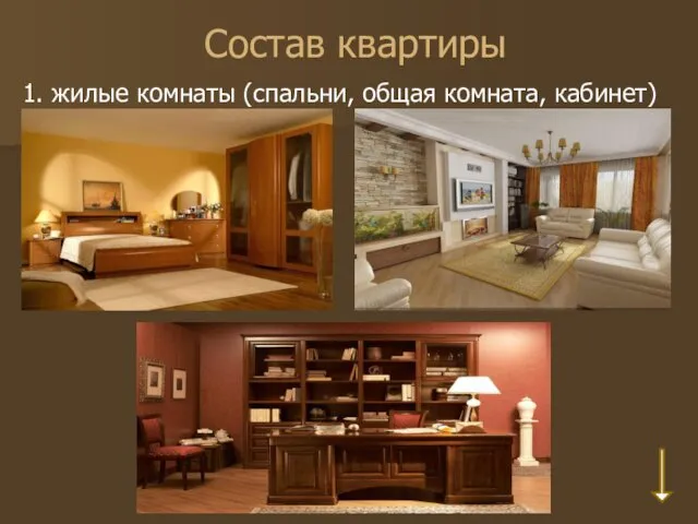 Состав квартиры 1. жилые комнаты (спальни, общая комната, кабинет)
