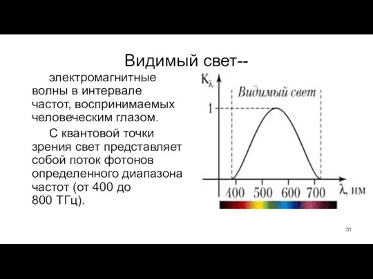 Видимый свет-- электромагнитные волны в интервале частот, воспринимаемых человеческим глазом.