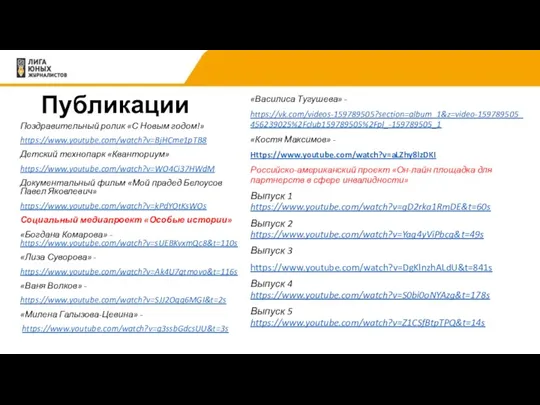 Публикации «Василиса Тугушева» - https://vk.com/videos-159789505?section=album_1&z=video-159789505_456239025%2Fclub159789505%2Fpl_-159789505_1 «Костя Максимов» - Https://www.youtube.com/watch?v=aLZhy8lzDKI Российско-американский